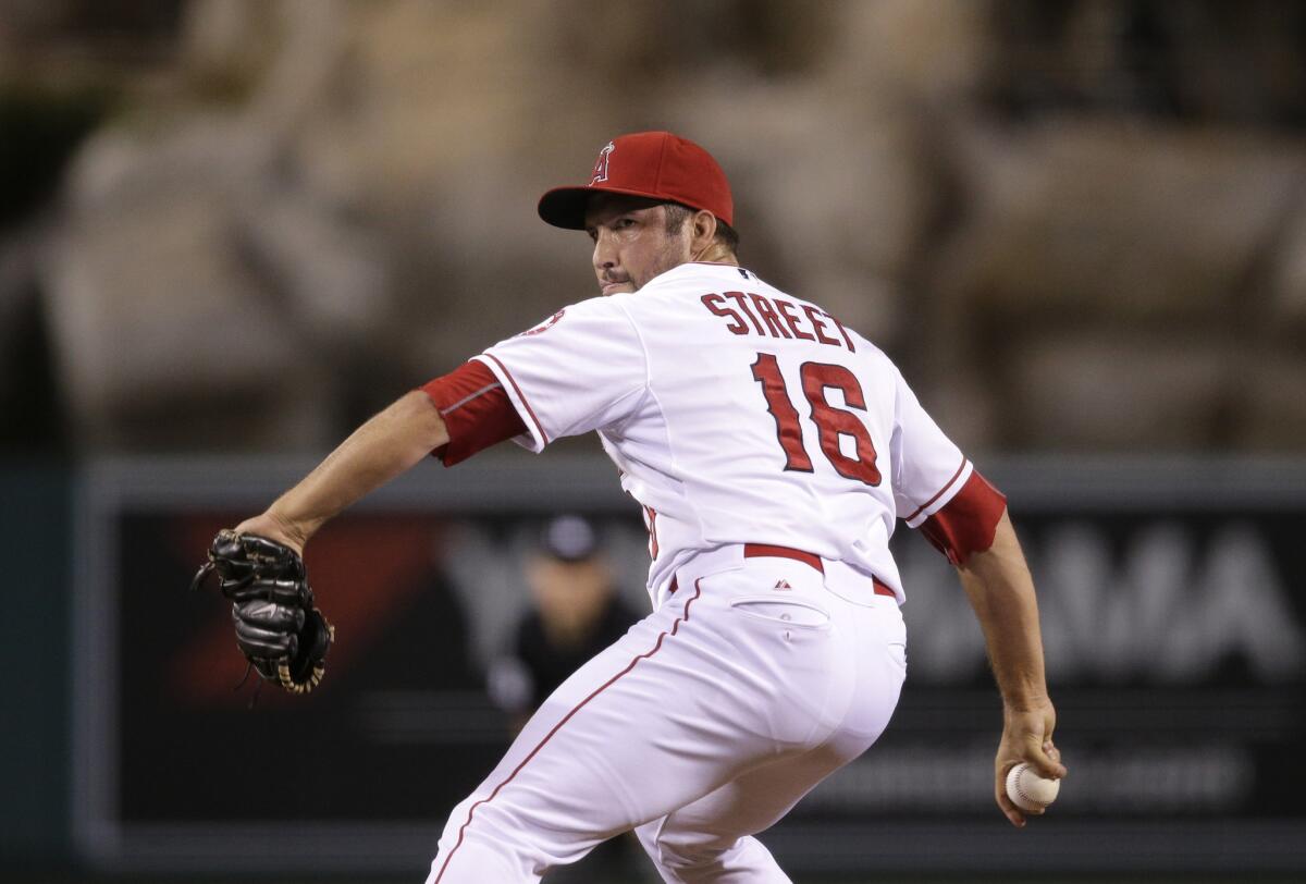 Angels closer Huston Street pitches against the Minnesota Twins during the ninth inning of a game on July 22.