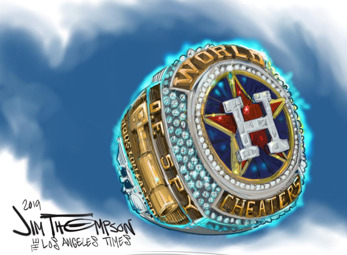 Cartoonist Jim Thompson illustrates the Houston Astros as cheaters.