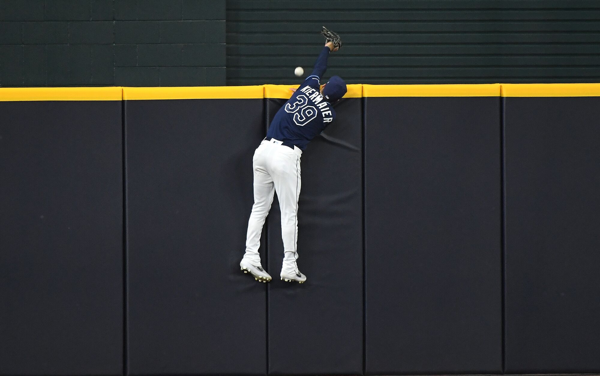 Tampa Bay Rays center fielder Kevin Kiermaier can't come up with a catch on a solo home run.