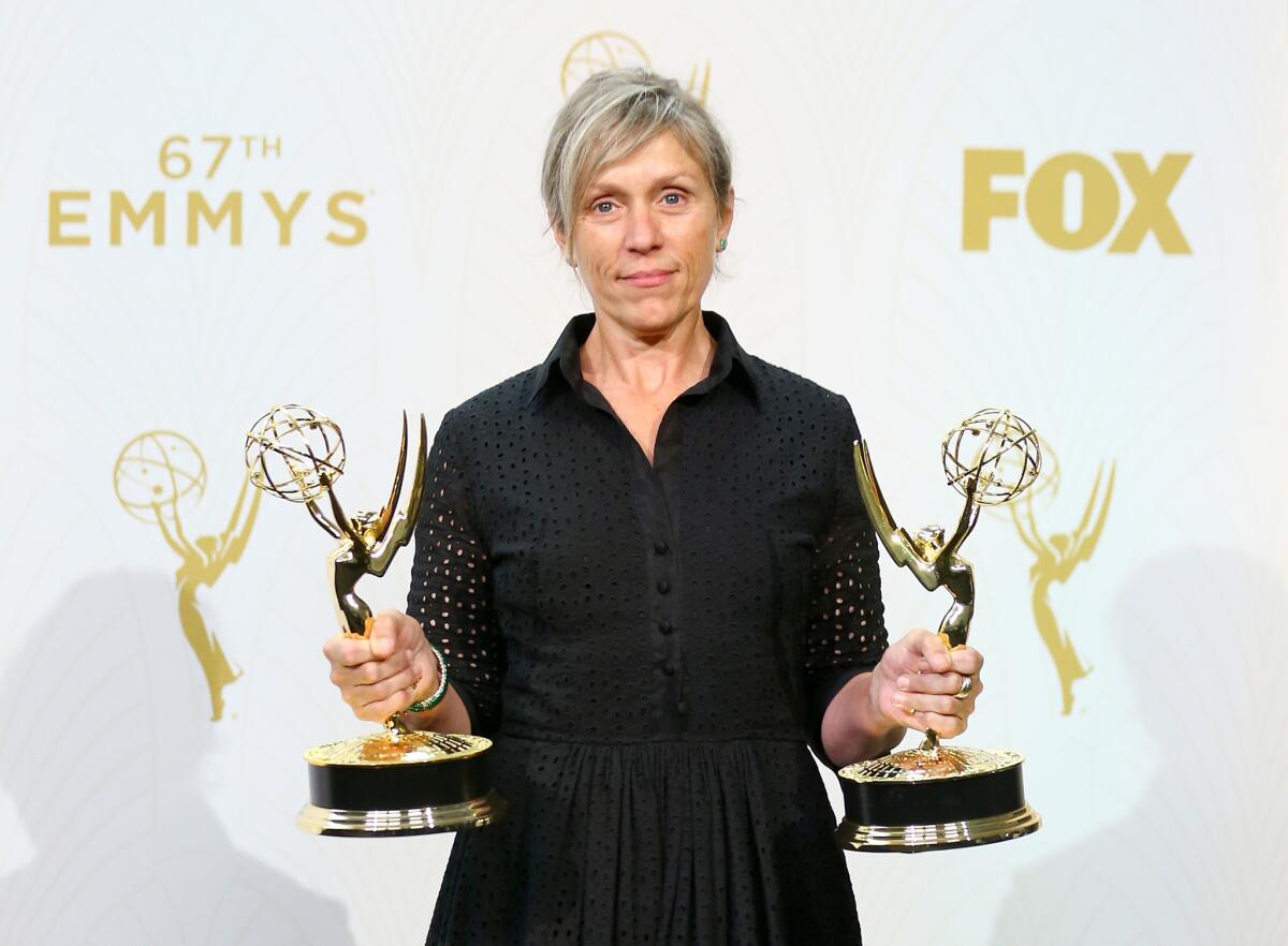 LOS ANGELES, CA - SEPTEMBER 20: Actress Frances McDormand, winner of the award for Outstanding Lead Actress in a Limited Series or Movie for 'Olive Kitteridge' and the award for Outstanding Limited Series for 'Olive Kitteridge', poses in the press room at the 67th Annual Primetime Emmy Awards at Microsoft Theater on September 20, 2015 in Los Angeles, California. (Photo by Mark Davis/Getty Images) ** OUTS - ELSENT, FPG - OUTS * NM, PH, VA if sourced by CT, LA or MoD **