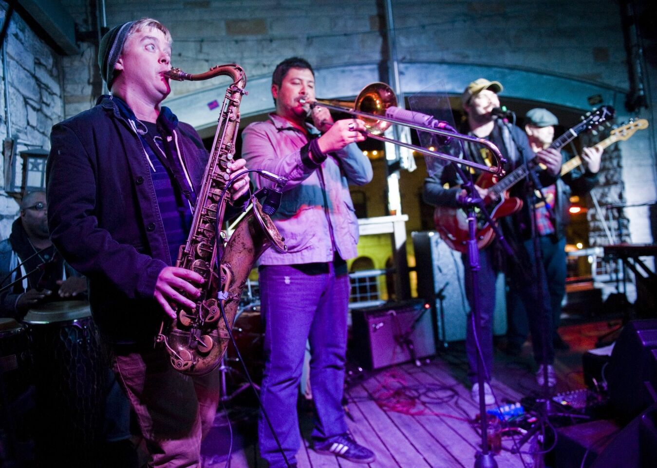 Members of the band Mingo Fishtrap of Austin, Texas, perform at 512 Rooftop.
