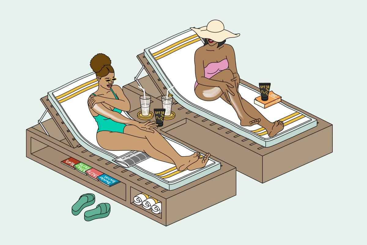An illustration of two Black women putting on sunscreen.