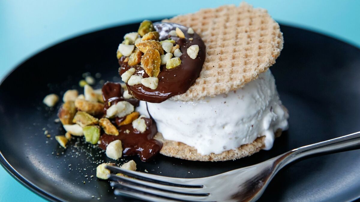 The homemade goodness at Lola 55 extends to desserts like the housemade horchata ice cream sandwich on made-to-order mini waffles.