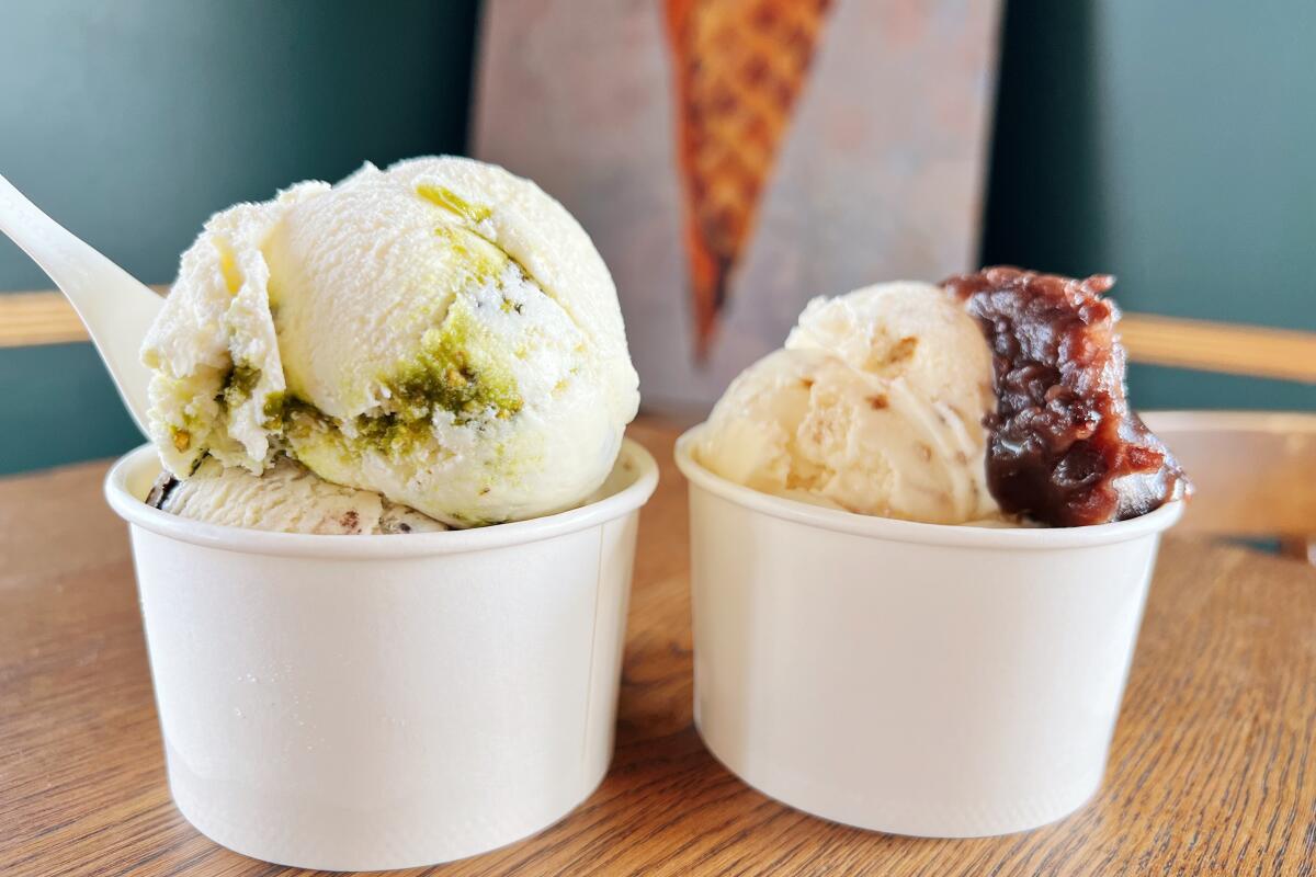 Two paper cups with scoops of Ice cream from Kansha Creamery in Gardena.