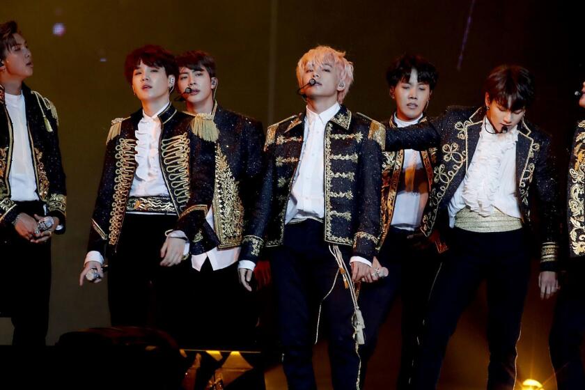 LOS ANGELES, CALIF. - SEP. 5, 2018. The Korean boy band BTS performs at Staples Center in Los Angeles on Wednesday night, Sept. 5, 2018. (Luis Sinco/Los Angeles Times)