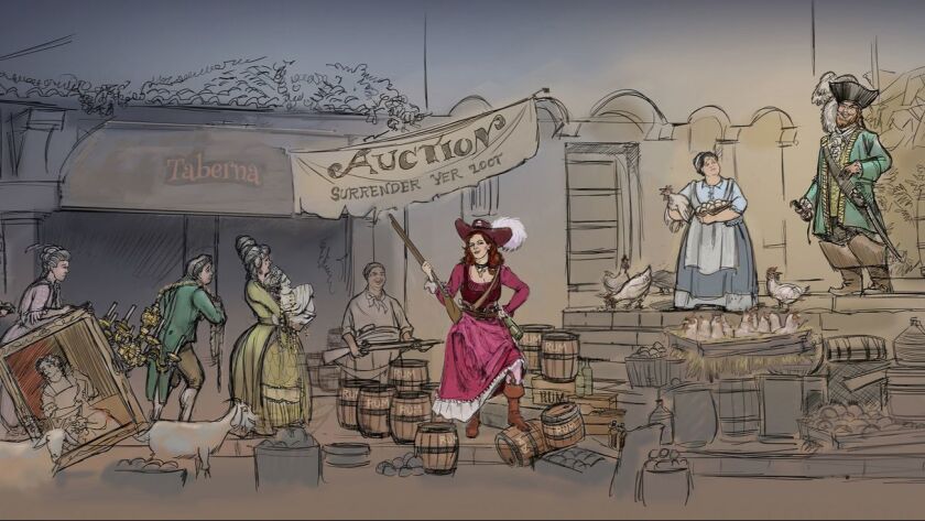 An artist's rendering of the scene that will replace the bride auction on the Pirates of the Caribbean attraction at Disneyland. The scene has already been revamped on the ride at the Magic Kingdom Park in Florida.