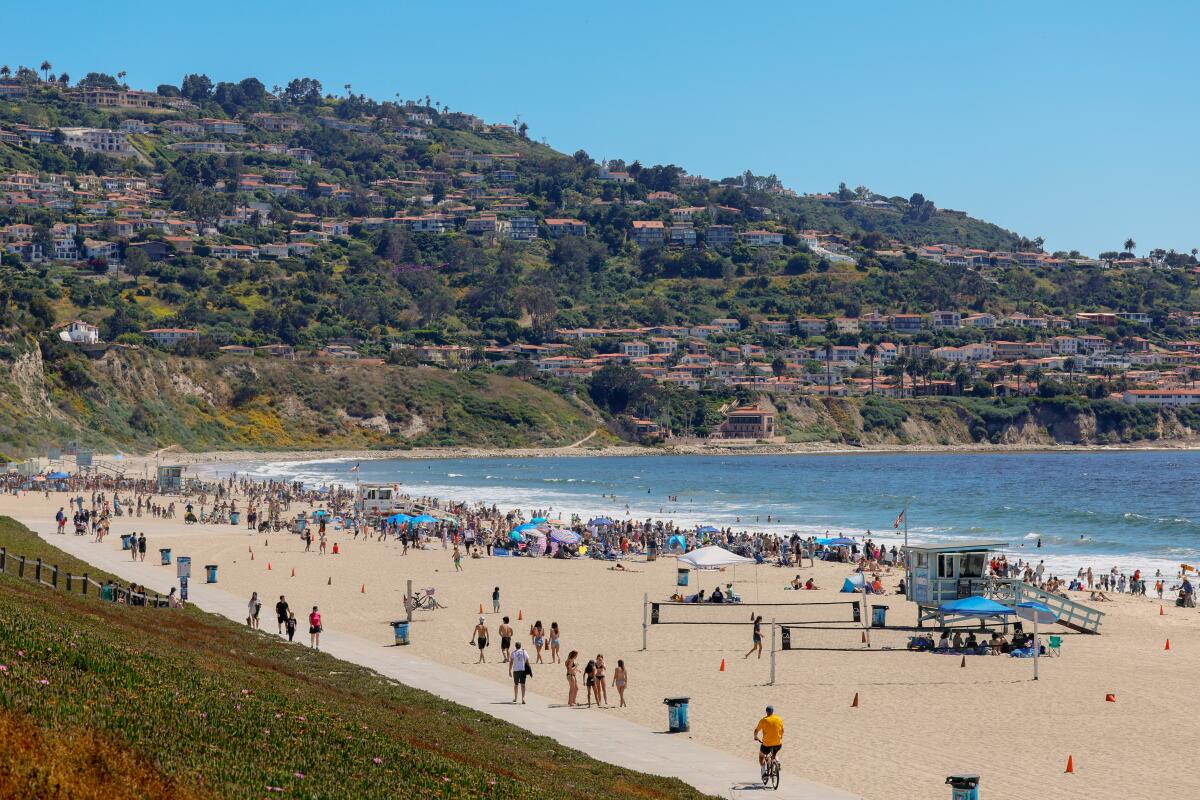 A crowd of beachgoers sit on towels and under umbrellas at Torrance Beach.