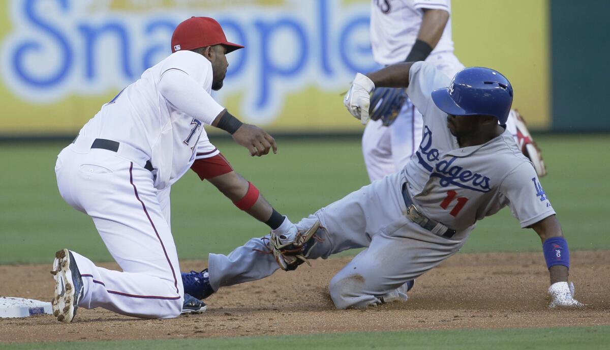 Rangers shortstop Elvis Andrus tags out Dodgers shortstop Jimmy Rollins on a steal attempt of second base in the third inning Monday night in Arlington, Texas.