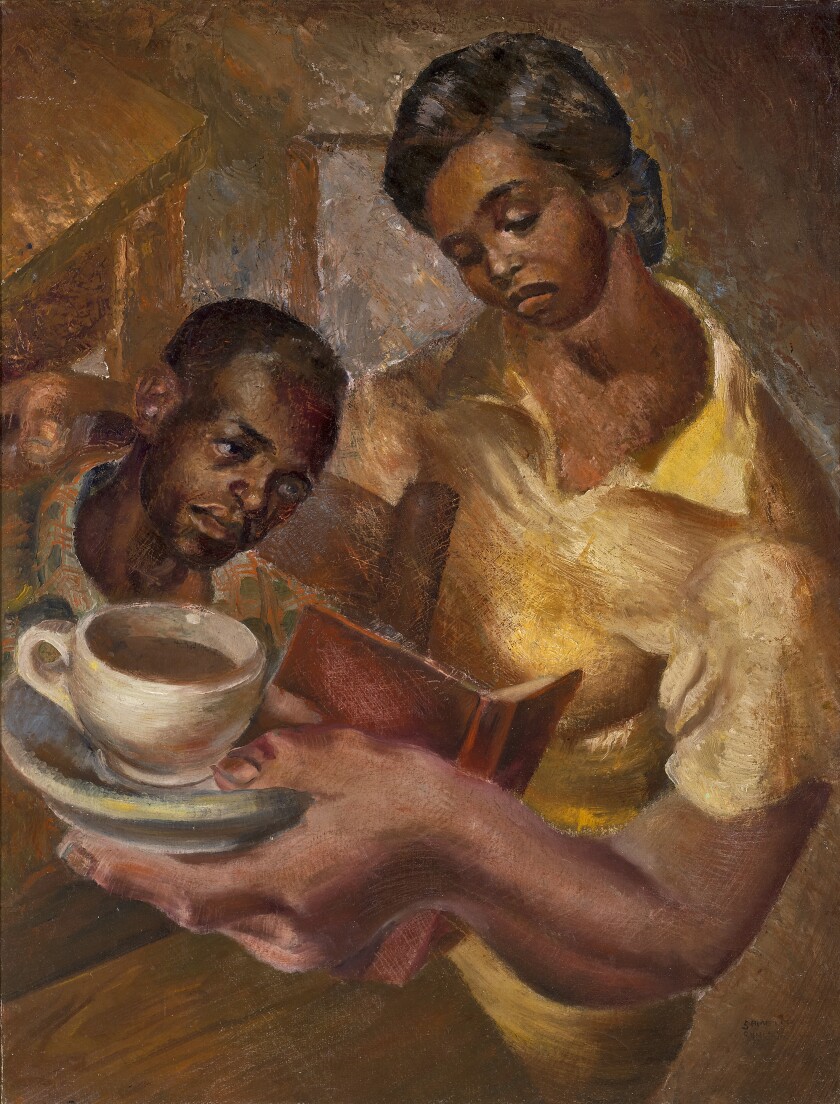 A painting in earth tones shows a Black man reading a book as a woman encircles him, holding a cup of coffee.