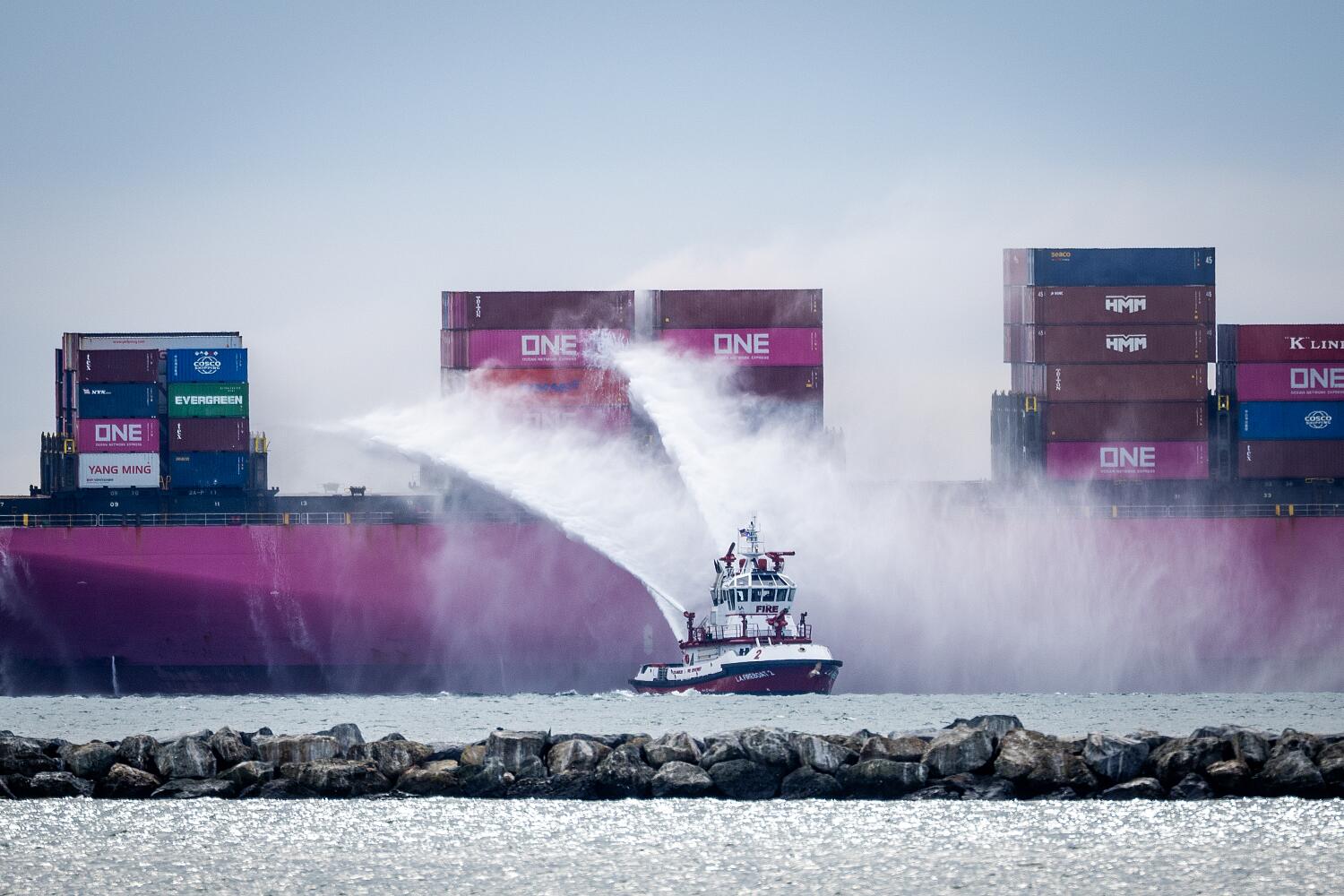 Crews battle hazardous fire on cargo ship in San Pedro ?url=https%3A%2F%2Fcalifornia times brightspot.s3.amazonaws.com%2F18%2Fb2%2Fa9949ebc47c0bf6ebf6400e19fb2%2F1531445 me port of los angeles ship fire ajs 01