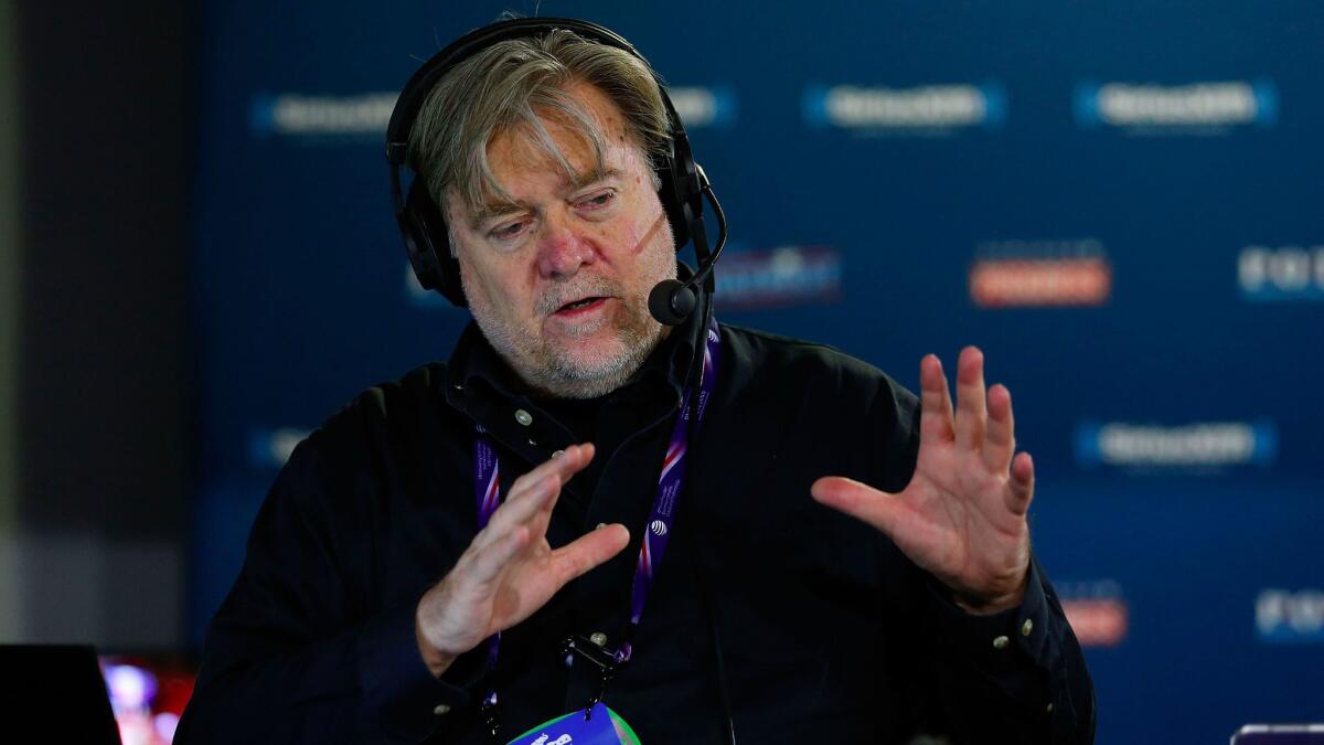 Stephen K. Bannon talks with callers on his SiriusXM radio show in July.