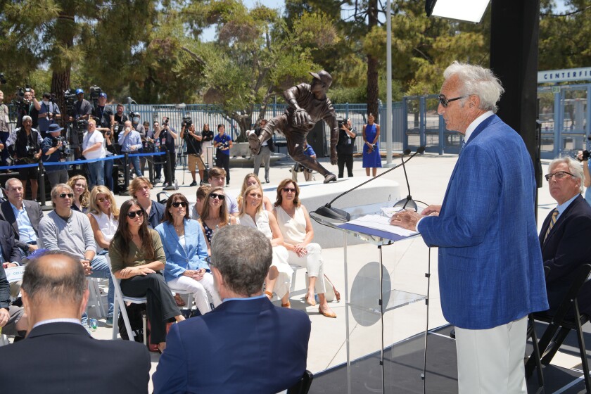 Sandy Koufax addresses the audience during the unveiling of a statue in his honor at Dodger Stadium.