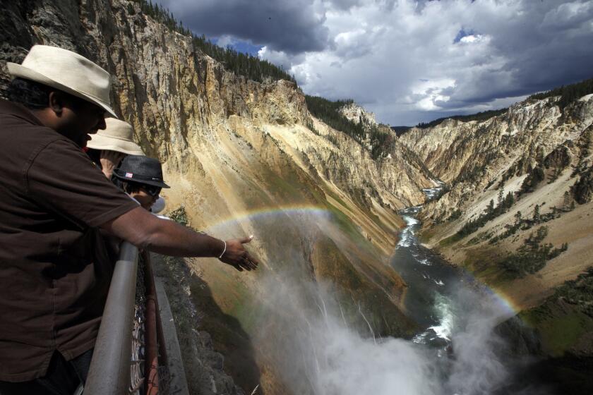 Visitors view the Yellowstone River from an observation deck above Lower Falls in the Grand Canyon of Yellowstone National Park.