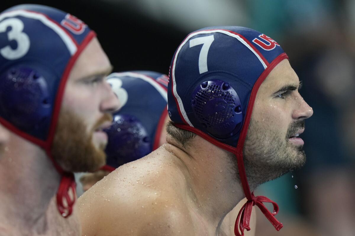 U.S. captain Ben Hallock watches during a semifinal loss to Serbia at the Paris Olympics on Friday.