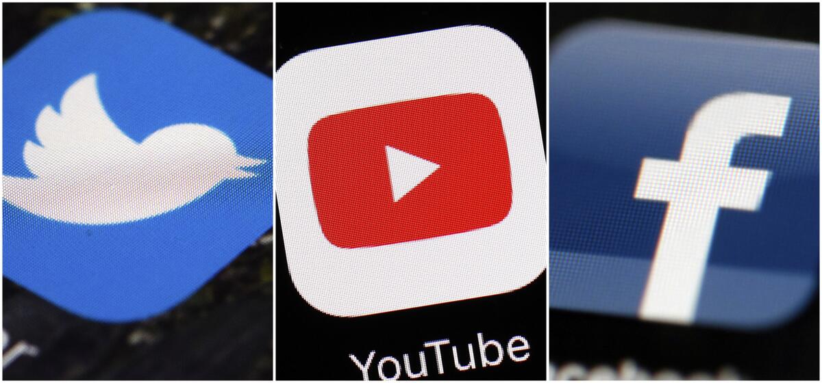 Side-by-side photos of mobile phone app icons for Twitter, YouTube and Facebook
