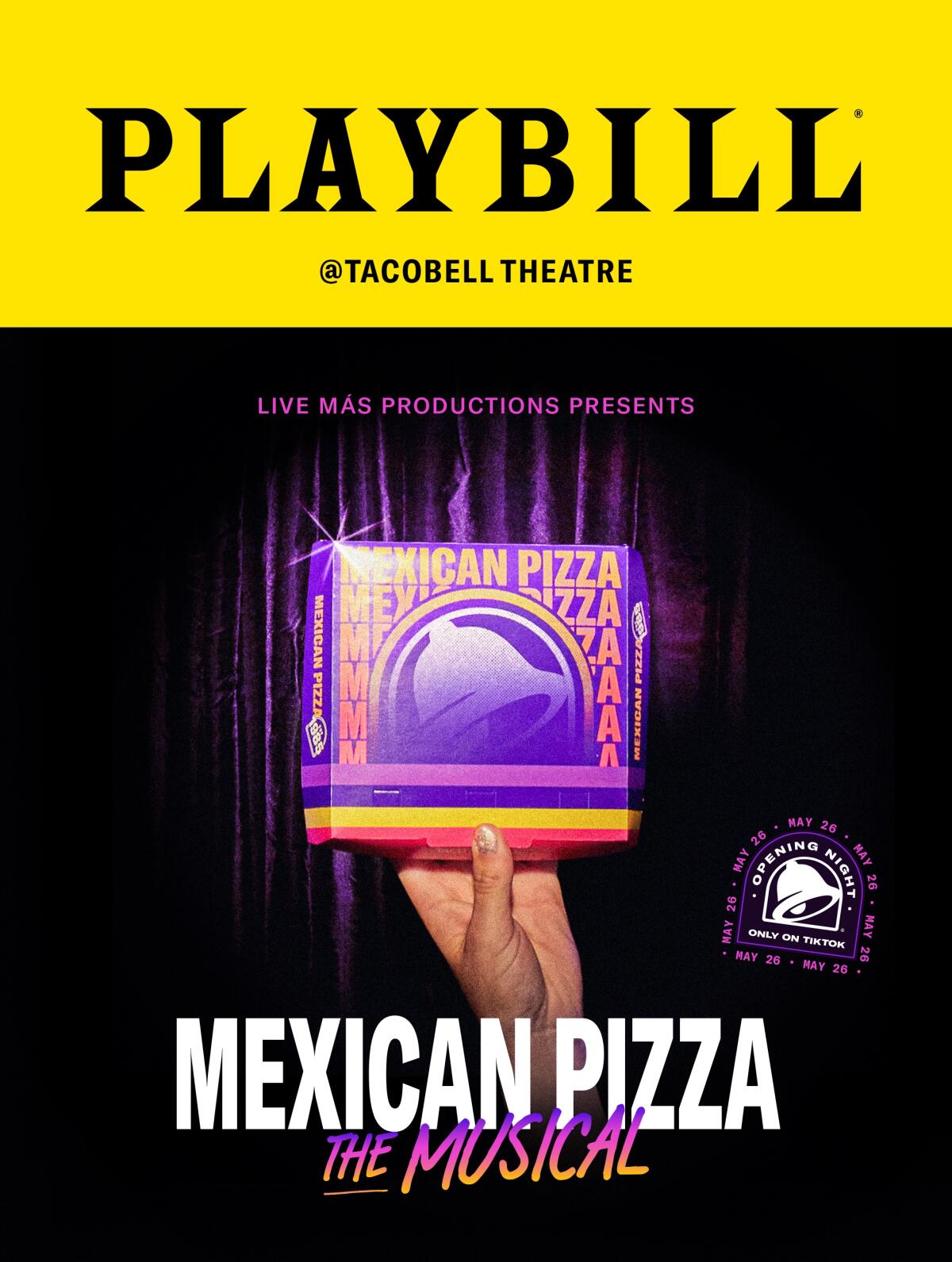 A faux Playbill shows a hand holding a Mexican Pizza box.