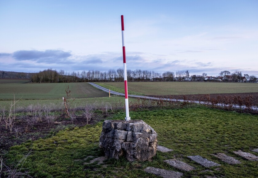 A pole marks the new geographical center of the European Union after the Brexit in Veitshoechheim-Gadheim, southern Germany, Thursday, Jan. 30, 2020. (AP Photo/Michael Probst)