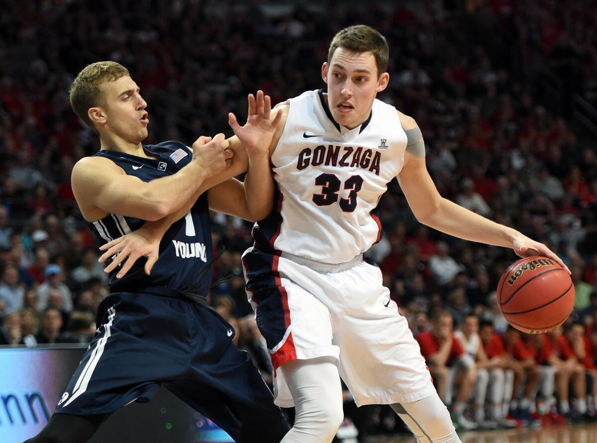 Gonzaga's leading scorer Kyler Wiltjer (17.1) is defended by Brigham Young guard Chase Fischer during the West Coast Championship game on March 10.