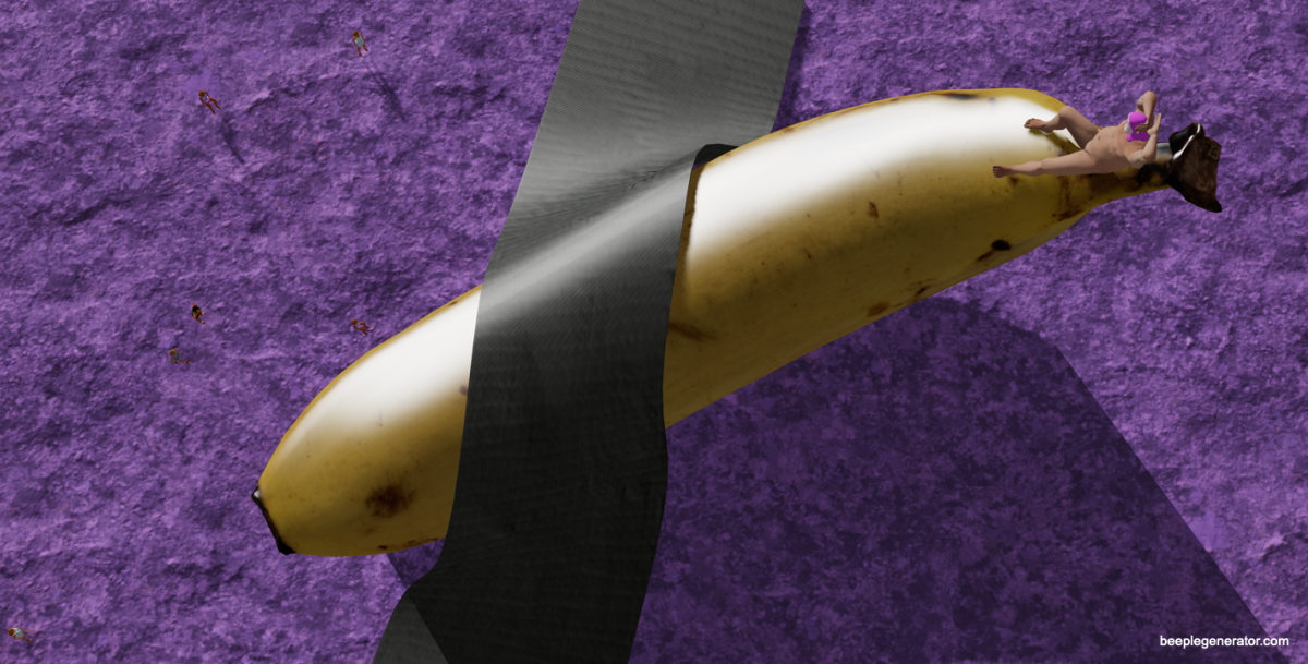 A digital rendering shows a banana taped to a purple surface.