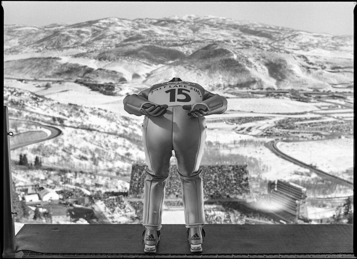 An Olympics ski jumper preparing to take off in Park City, Utah, in 2002. (David Burnett / Anastasia Photo / Contact Press Images)