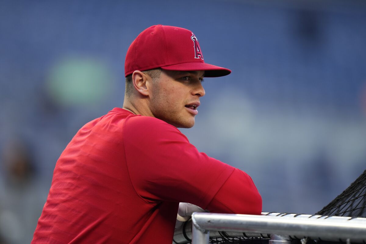 Angels' Logan O'Hoppe warms up before a game against the New York Yankees in New York.