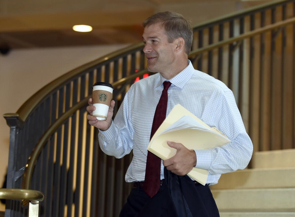 Rep. Jim Jordan, Republican of Ohio, arrives for a closed meeting of the House Select Committee on Benghazi on Sept. 3. Jordan serves as chair of the House Freedom Caucus.