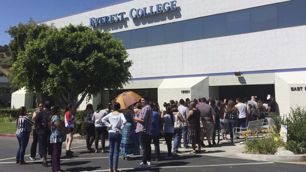 Students wait outside Everest College in the City of Industry in 2015 after Everest's parent company, Corinthian Colleges, shut down its campuses.