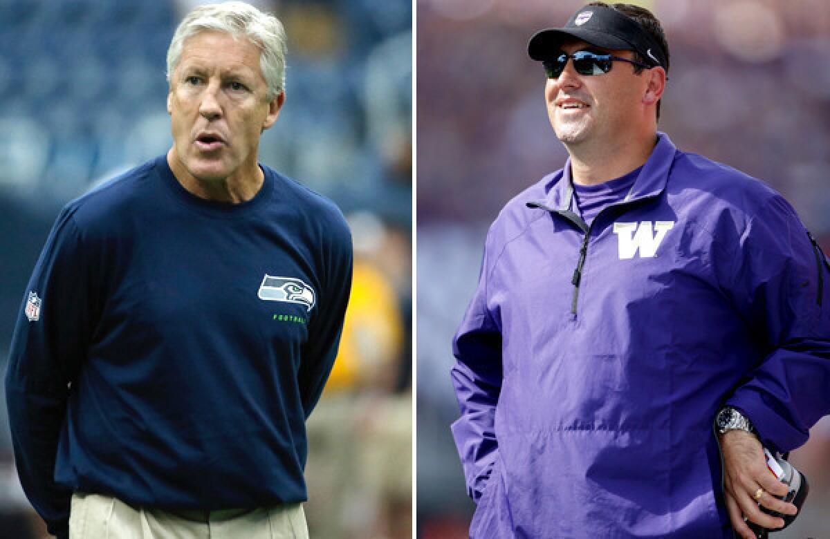 Coaches Pete Carroll of the Seahawks and Steve Sarkisian of Washington share the landscape in Seattle.