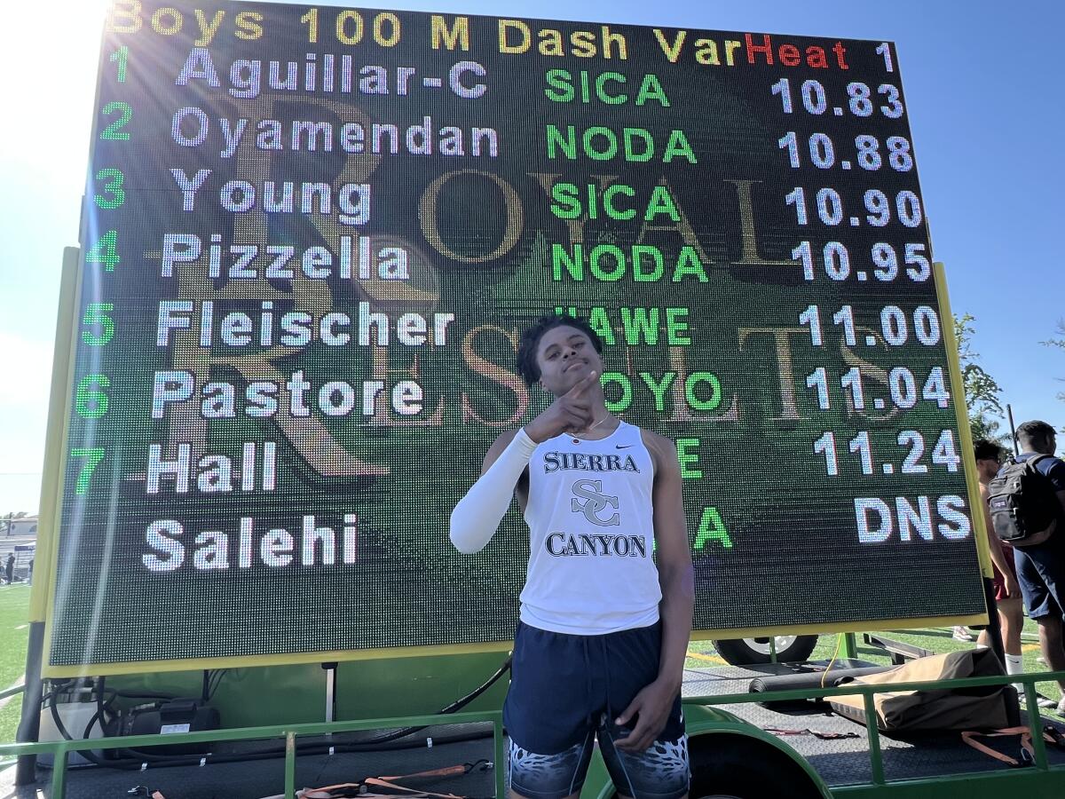 Jalen Carnes of Sierra Canyon in front of the scoreboard after winning the Mission League 100 meters in 10.83 seconds.