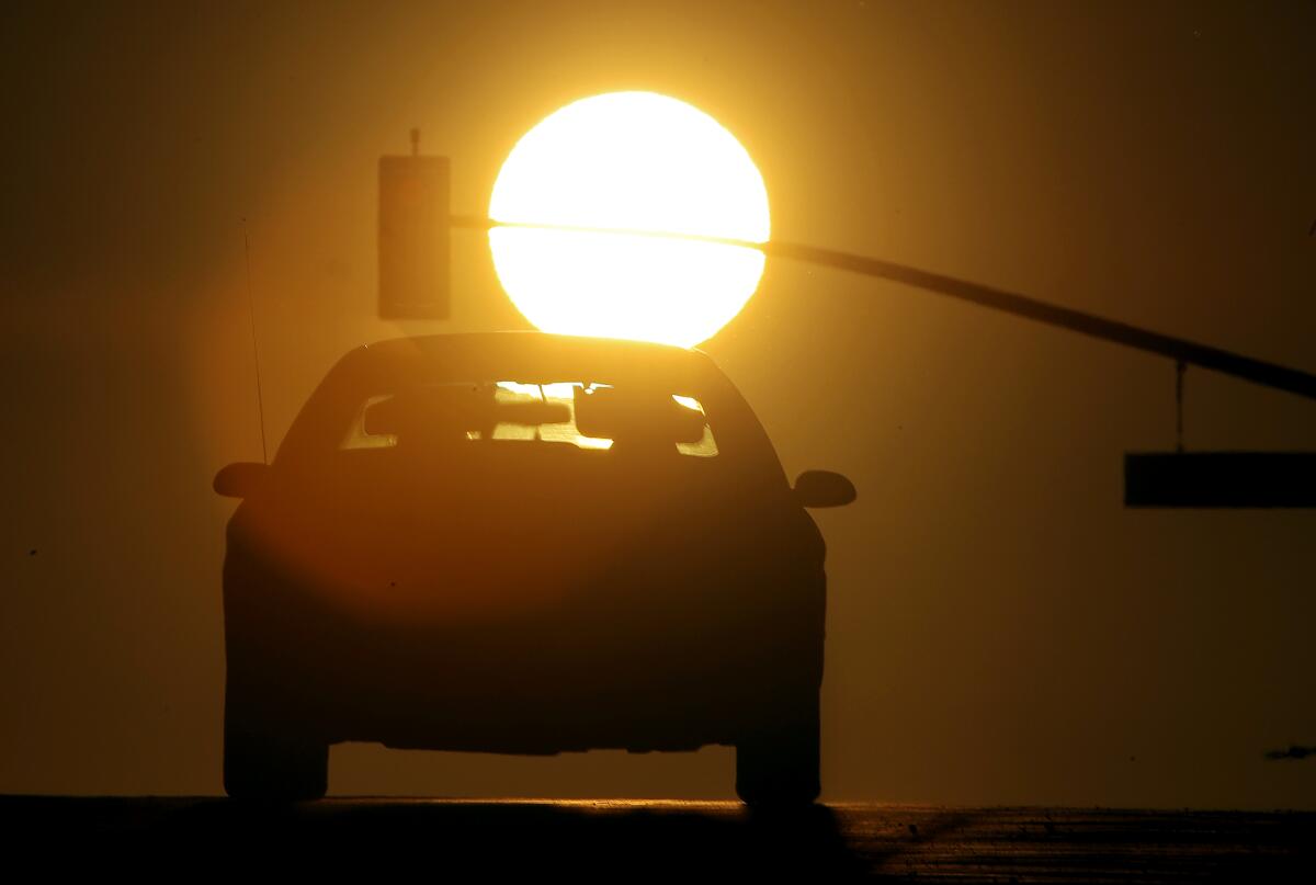 A motorists drives toward the setting sun.