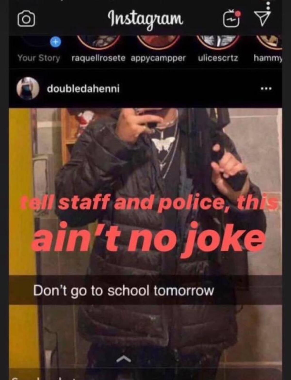 This photo was part of the post that prompted the police investigation into a possible threat at Estancia High School in Costa Mesa.