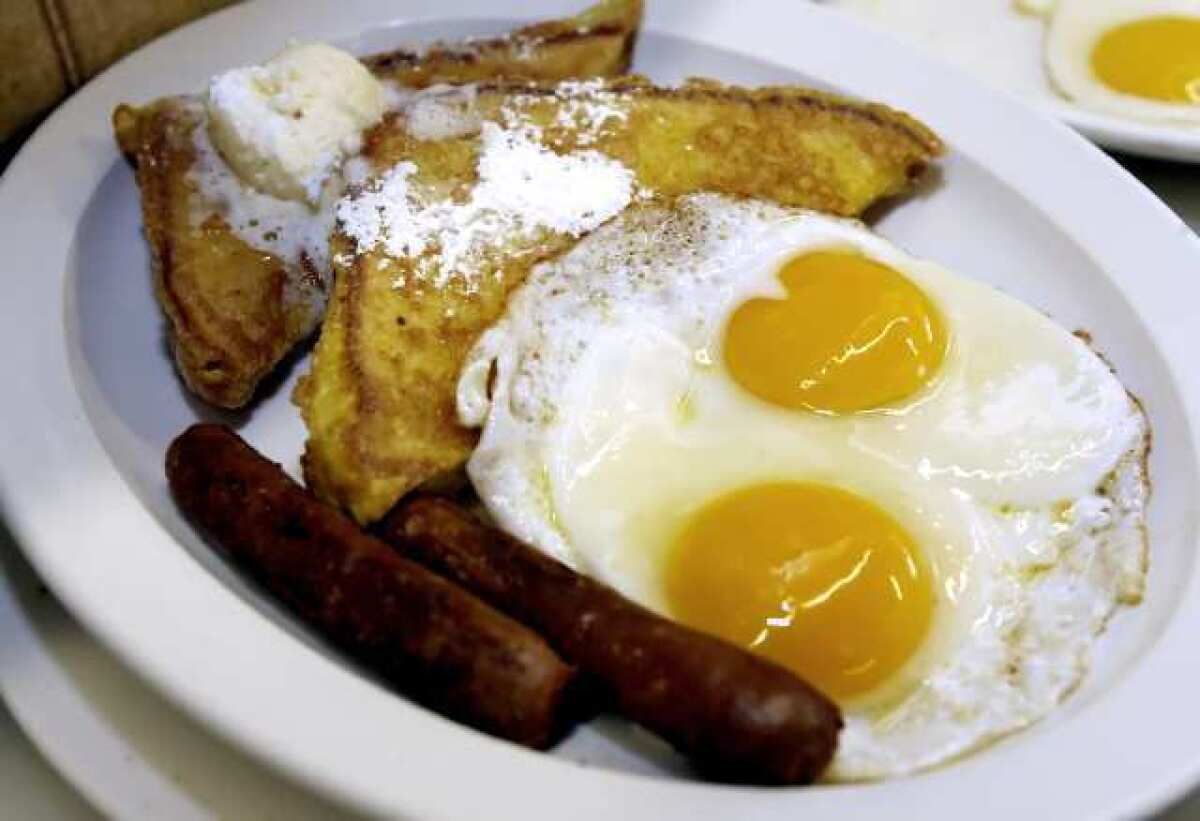 Jeremy's French Toast Combo includes two eggs and sausage, at the La Crescenta location.