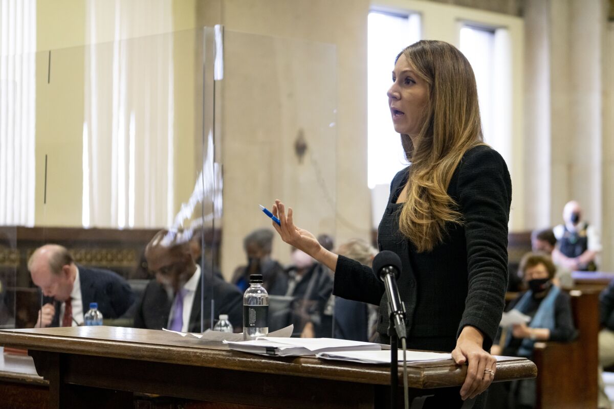 FILE - Tina Glandian, attorney for actor Jussie Smollett, speaks at his sentencing hearing, Thursday, March 10, 2022 at the Leighton Criminal Court Building in Chicago. A U.S. District Judge in Chicago ruled, Friday, March 18, 2022, that Glandian might have defamed the two Black brothers who testified that they participated in a fake racist and homophobic attack on the actor when she suggested they had been wearing "whiteface". (Brian Cassella/Chicago Tribune via AP, Pool File)
