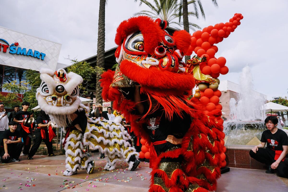 Performers from the Gio Nam lion dance group dance at the Cerritos Towne Center earlier this year.