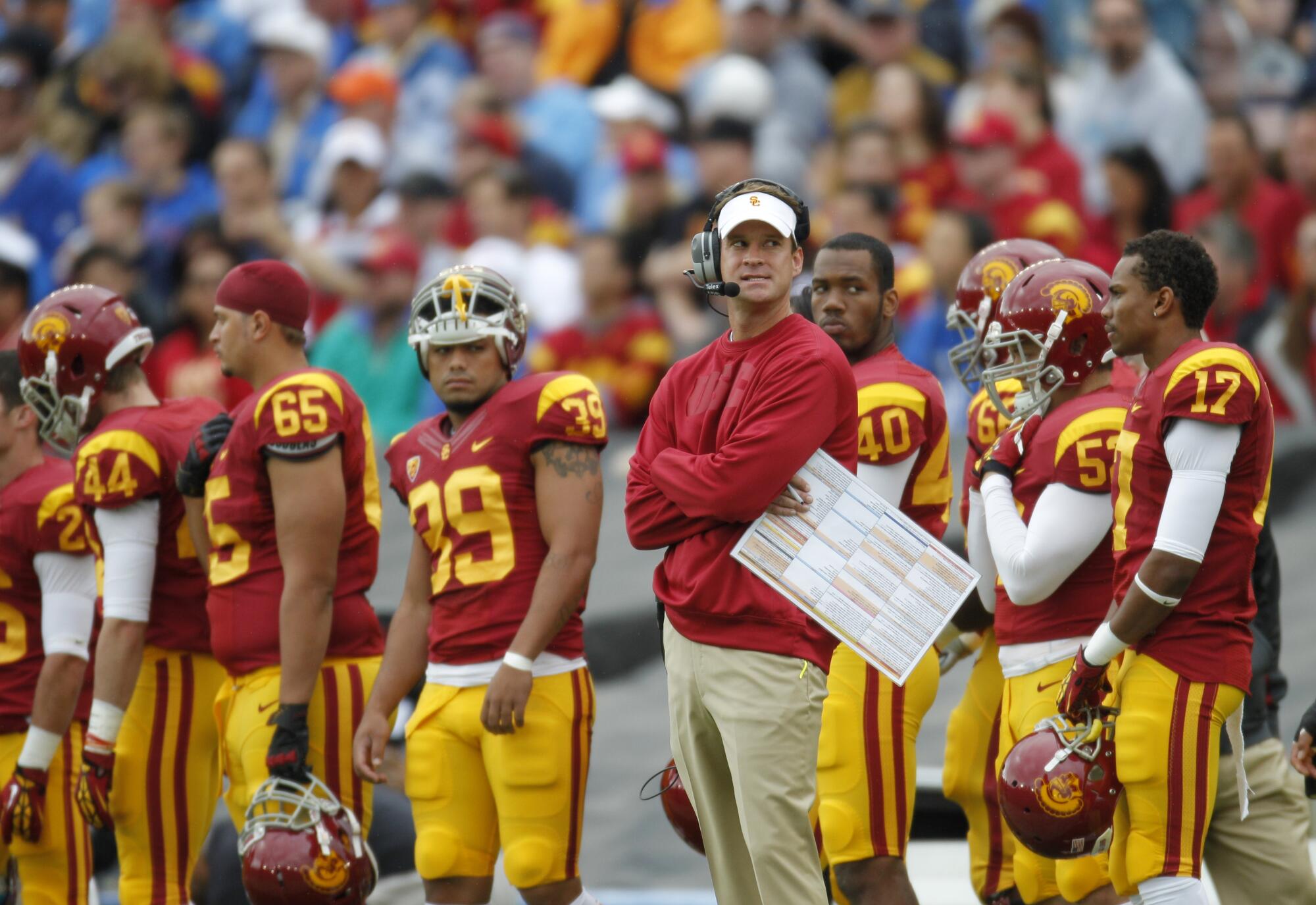 USC coach Lane Kiffin looks at scoreboard with USC down 24-0 to UCLA at the Rose Bowl.