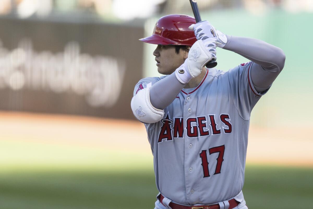 Angels designated hitter Shohei Ohtani bats against the Oakland Athletics on Monday.