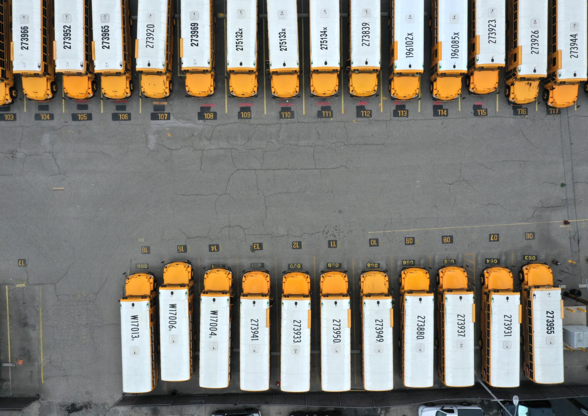 School buses sit since all schools have been closed in L.A. County. 