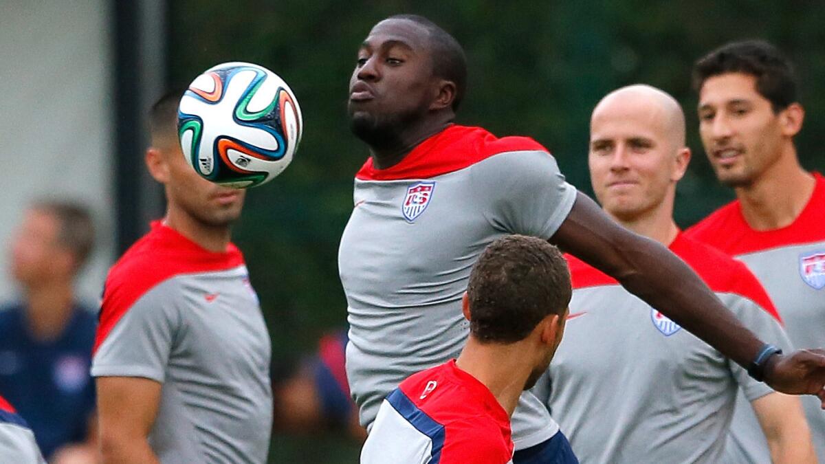 U.S. forward Jozy Altidore, center, takes part in drills during a World Cup training session in Sao Paulo, Brazil, on Monday.