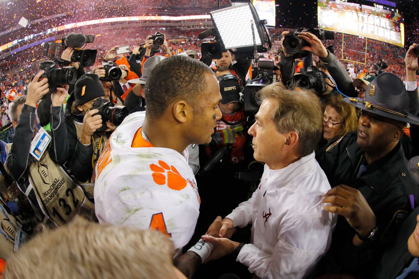 Clemson quarterback Deshaun Watson is congratulated by Alabama Coach Nick Saban after the Tigers' 35-31 victory over the Crimson Tide.