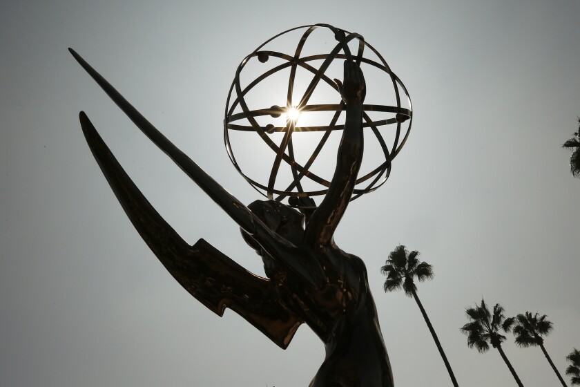 LOS ANGELES, CA - SEPTEMBER 15: The Emmy Award statue at the Academy of Television Arts & Sciences campus in Los Angeles during a "Sneak Peek" behind-the scenes reveal of television's biggest night at the Television Academy in Los Angeles on Wednesday morning. The in-person 73rd Emmy Awards will be broadcast this Sunday Sept. 19 on CBS Television. The producers explained Covid precautions that will ensure Emmy nominees can enjoy the celebrations. Television Academy on Wednesday, Sept. 15, 2021 in Los Angeles, CA. (Al Seib / Los Angeles Times).