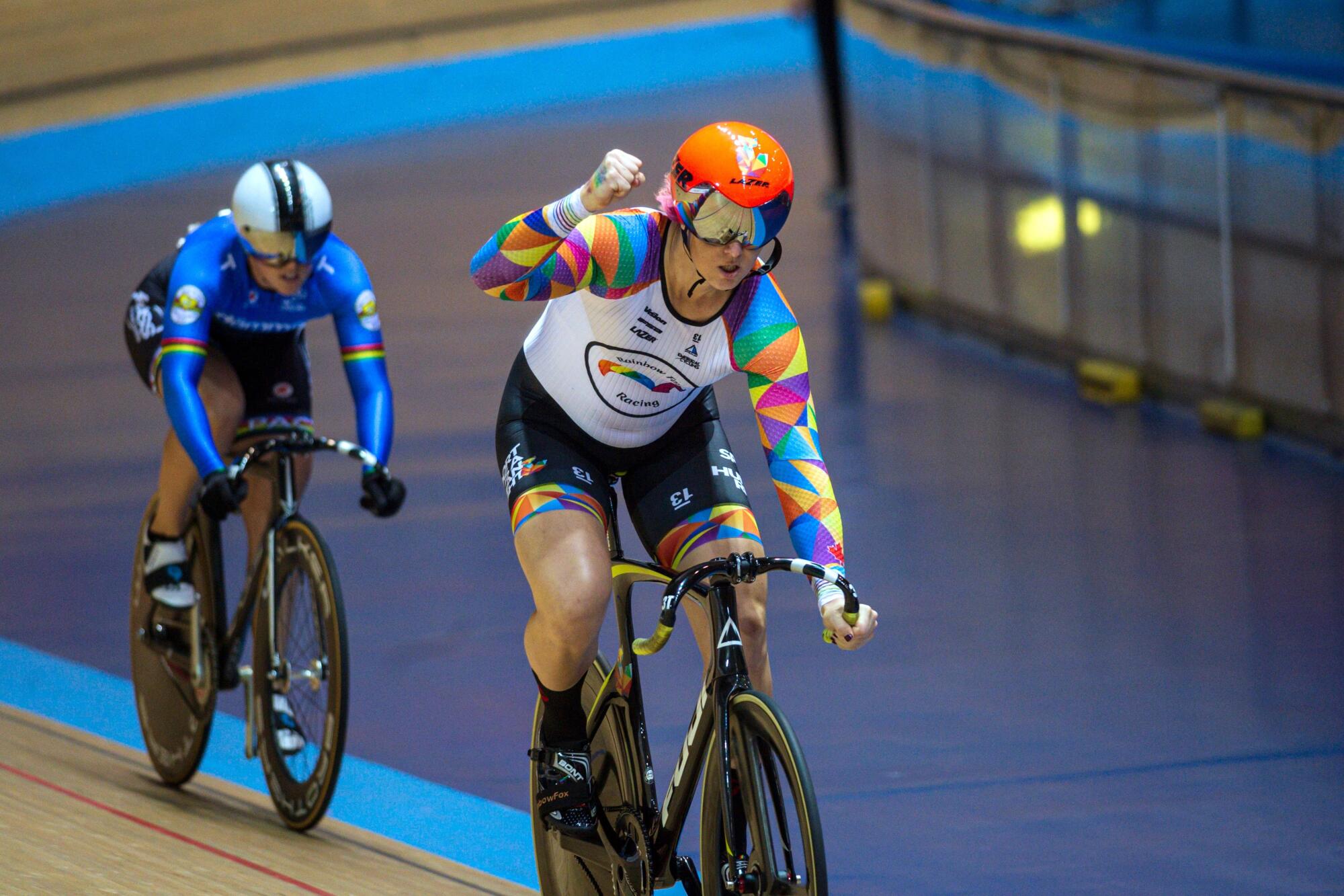 Veronica Ivy celebrates after winning a sprint final at the 2019 UCI Track Cycling World Masters Championship.