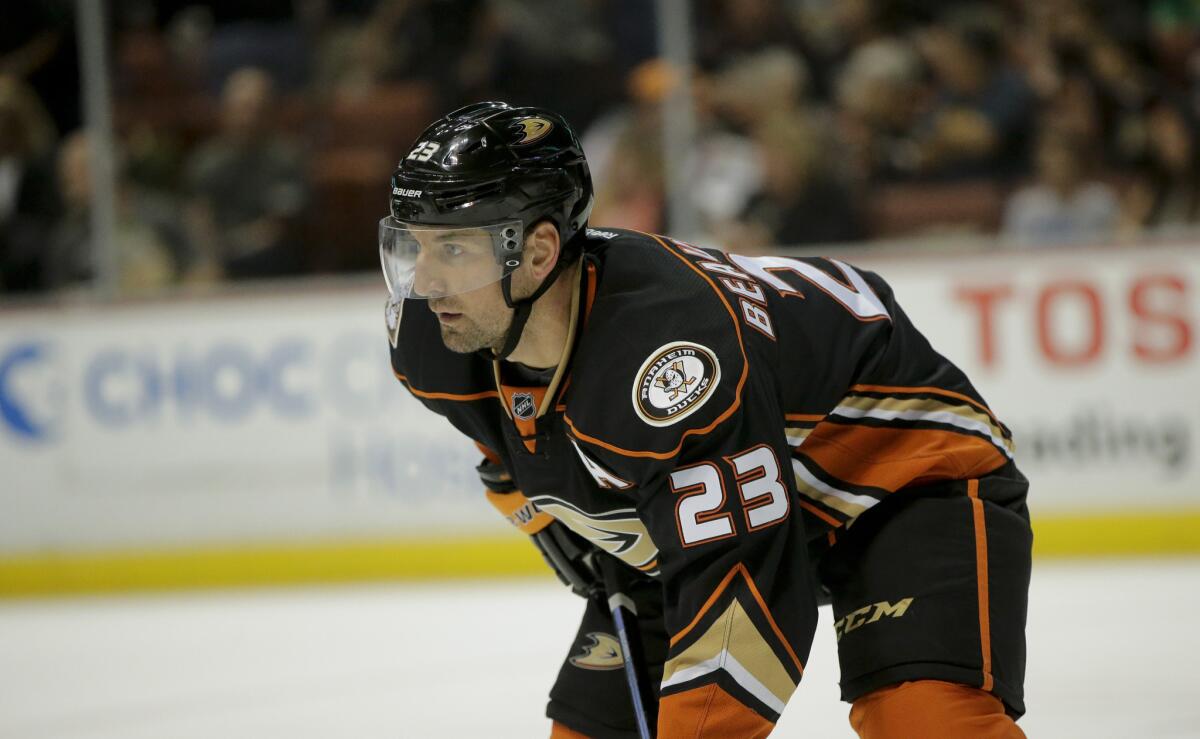 Francois Beauchemin looks during the Ducks game against the St. Louis Blues in Anaheim on Oct. 19.