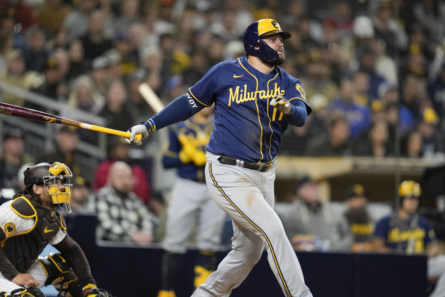 San Diego Padres' Trent Grisham, right, celebrates with teammate Juan Soto  after hitting a two-run home run during the eighth inning of a baseball  game against the Milwaukee Brewers, Thursday, April 13