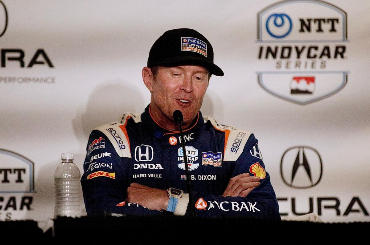 Scott Dixon speaks during a news conference after winning the Grand Prix of Long Beach.