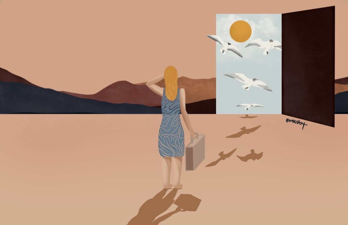 Illustration of a woman in a desert looking toward a door to another dimension.