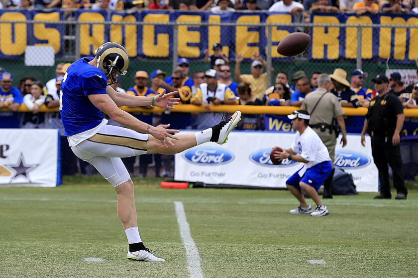 Rams punter Johnny Hekker practices during a training camp session in Oxnard.