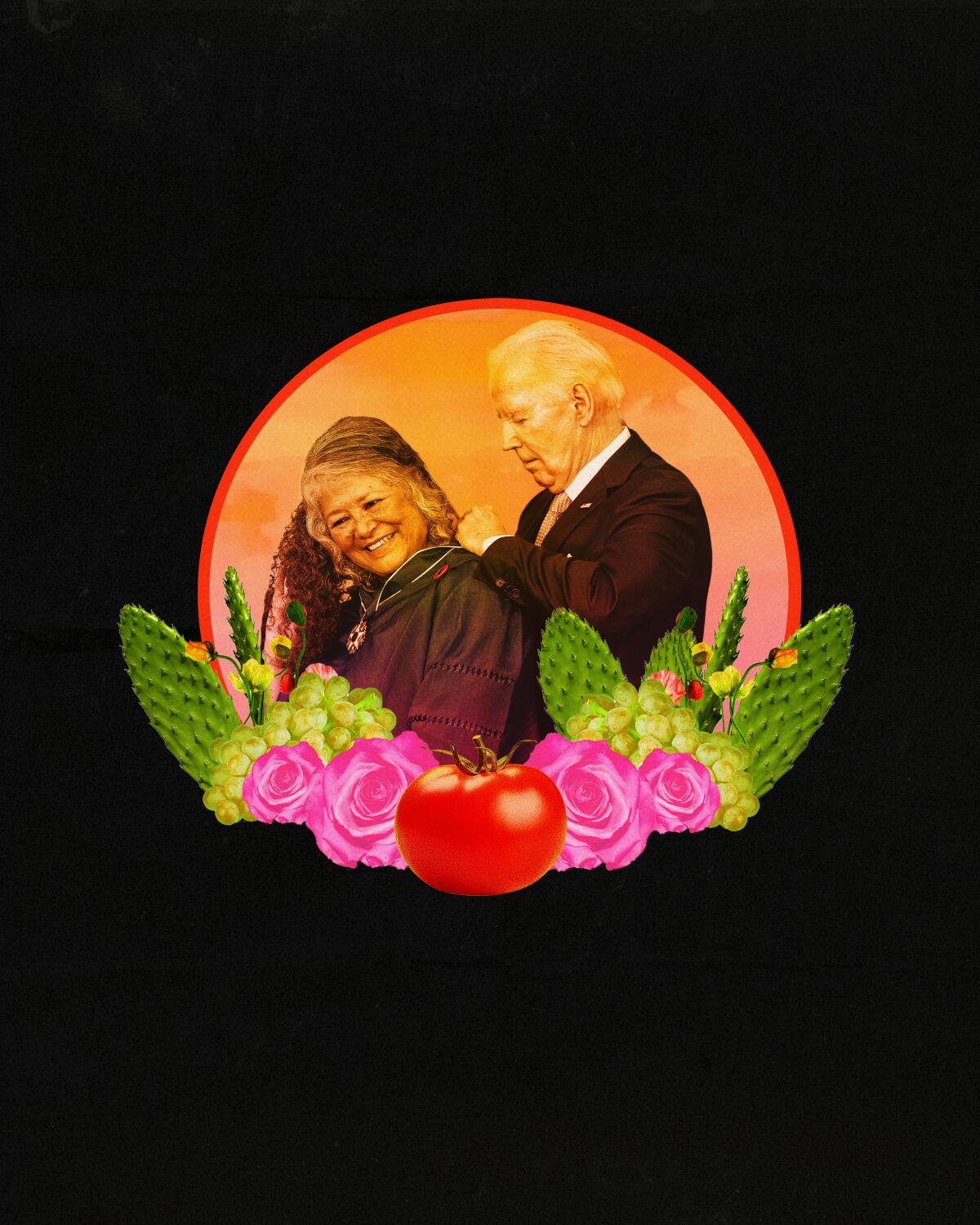 Illustration featuring a photo of President Biden placing a medal on a smiling Teresa Romero, president of UFW