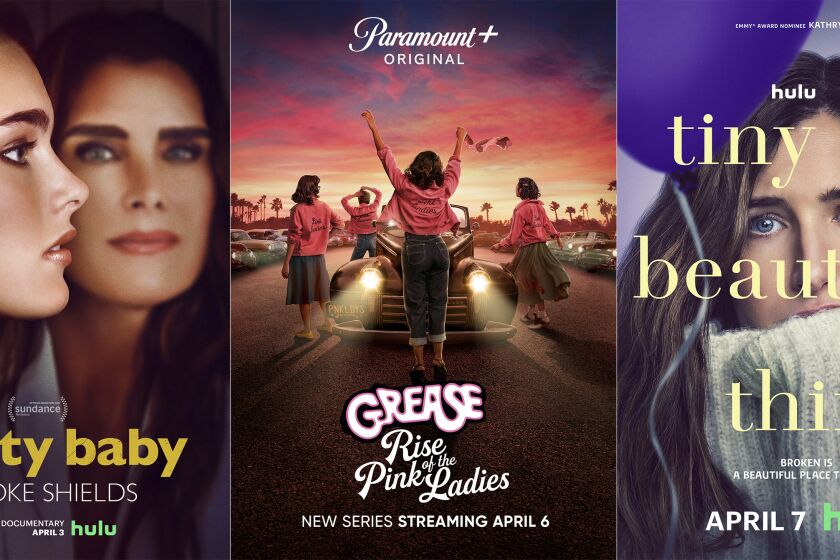 This combination of photos show promotional art for, from left, "Pretty Baby: Brooke Shields," a documentary premiering April 4 on Hulu, "Grease: Rise of the Pink Ladies," a series premiering April 6 on Paramount+, and "Tiny Beautiful Things," a series premiering April 7 on Hulu. (Hulu/Paramount+/Hulu via AP)