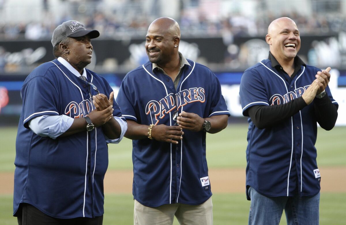 From left, Tony Gwynn, Greg Vaughn and Jim Leyritz are among 1998 Padres honored before game at Petco Park.