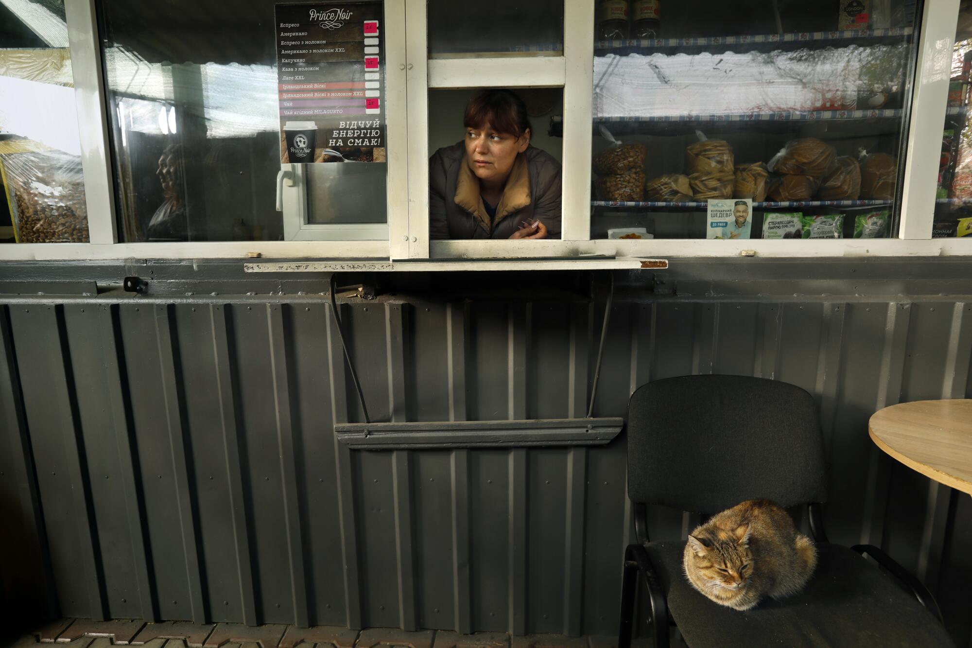 A woman looks out the window of a food stand while a cat sits on a chair outside